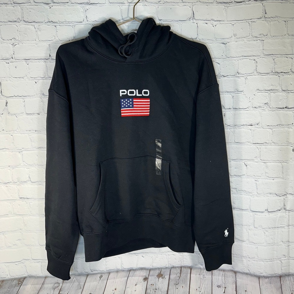 Polo Ralph Lauren Mens USA Flag Fleece Hoodie Black American Flag Sweatshirt S
